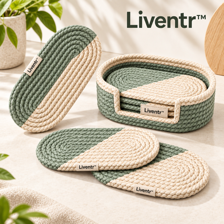 Liventr™ Sage Oval Woven Coaster Set with Holder