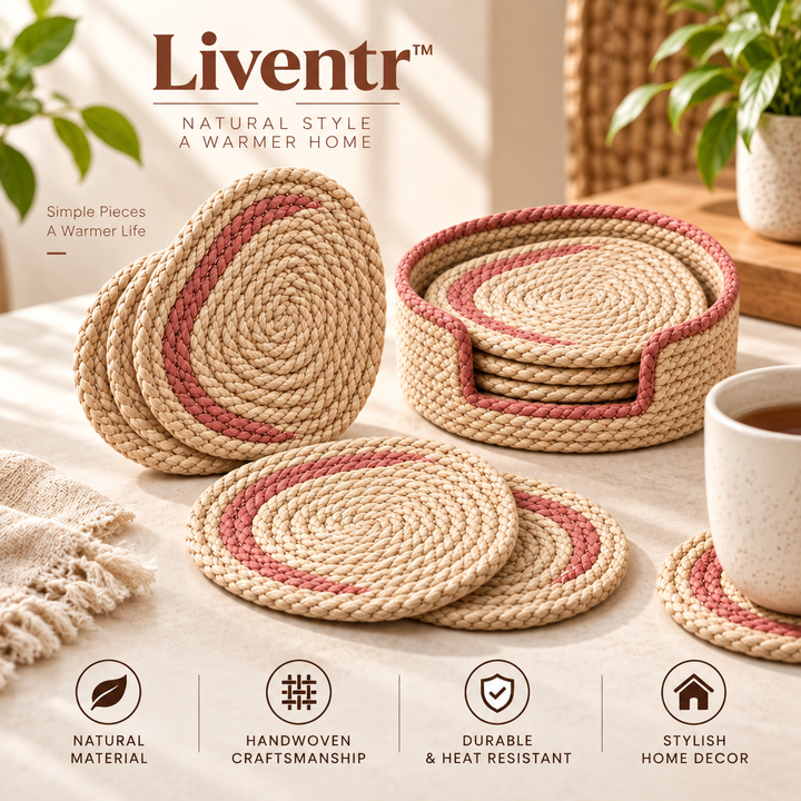 Liventr™ Rose-Rimmed Round Woven Coasters with Basket
