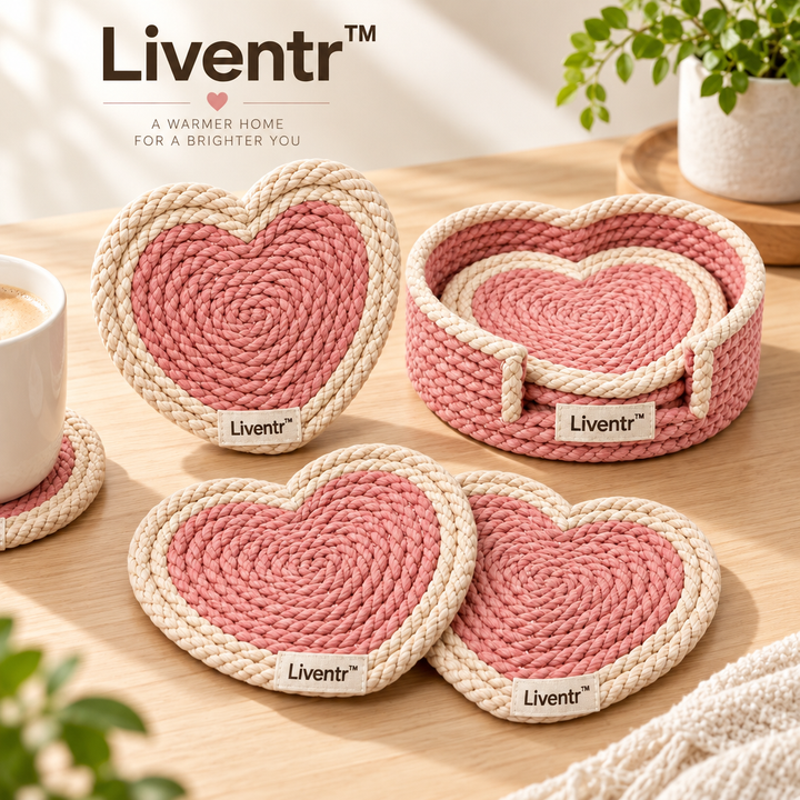 Liventr™ Blush Heart Coaster Set with Matching Holder