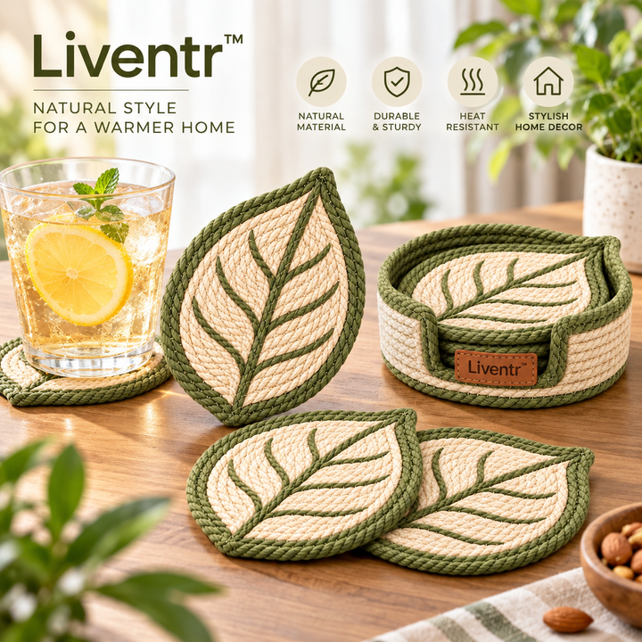 Liventr™ Olive Leaf Woven Coasters and Storage Basket