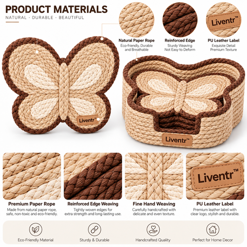 Liventr Caramel Butterfly Woven Coasters with Holder