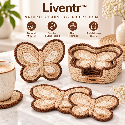 Liventr Caramel Butterfly Woven Coasters with Holder