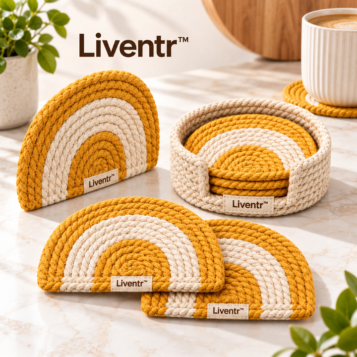Liventr™ Golden Rainbow Rope Coasters with Basket