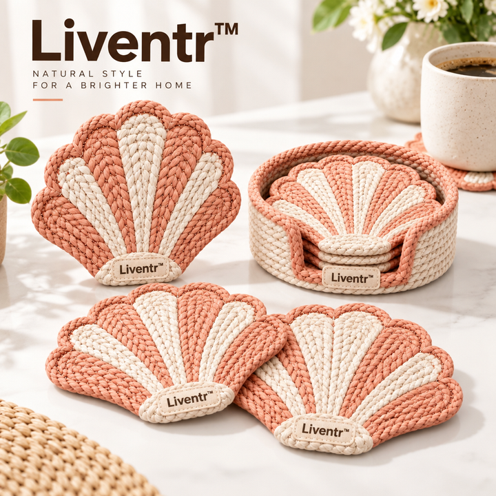 Liventr™ Peach Seashell Rope Coasters with Holder