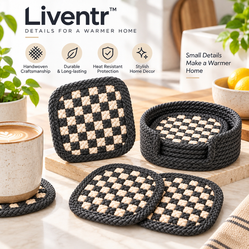 Liventr Charcoal Checkerboard Coasters and Basket