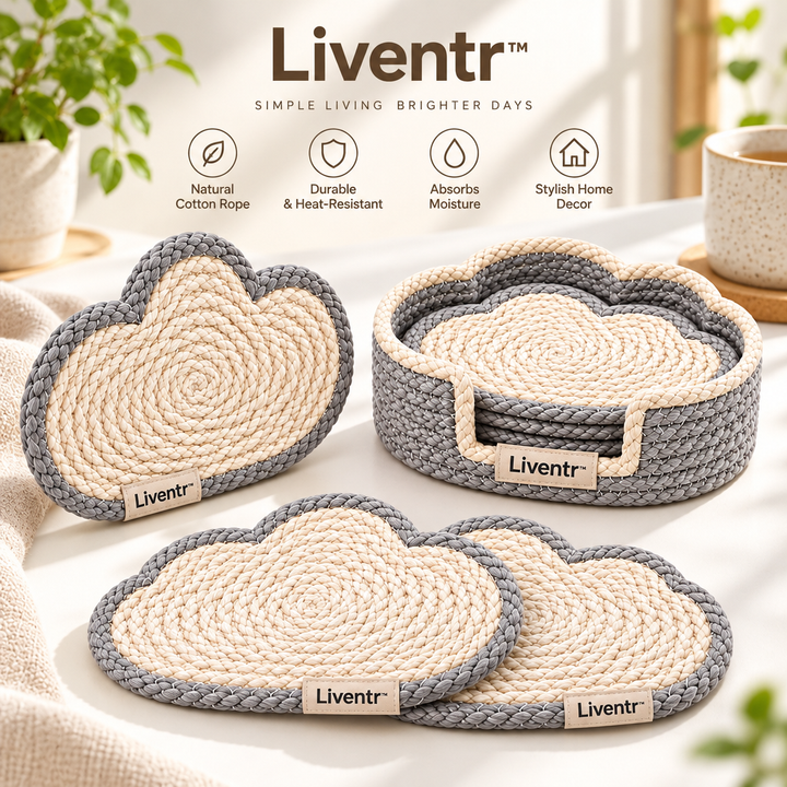 Liventr™ Gray Cloud Woven Coasters with Holder